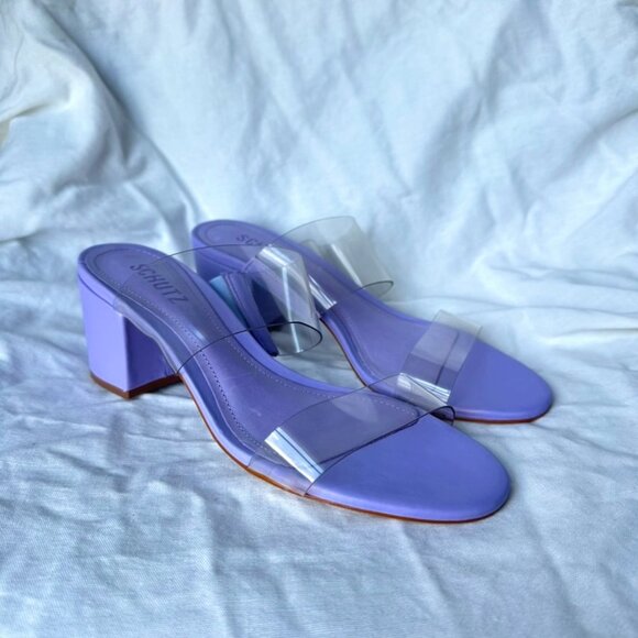 Schutz Size 8 Purple Transparent Victorie Low Block Sandal Formal Prom Rush New - Picture 1 of 8